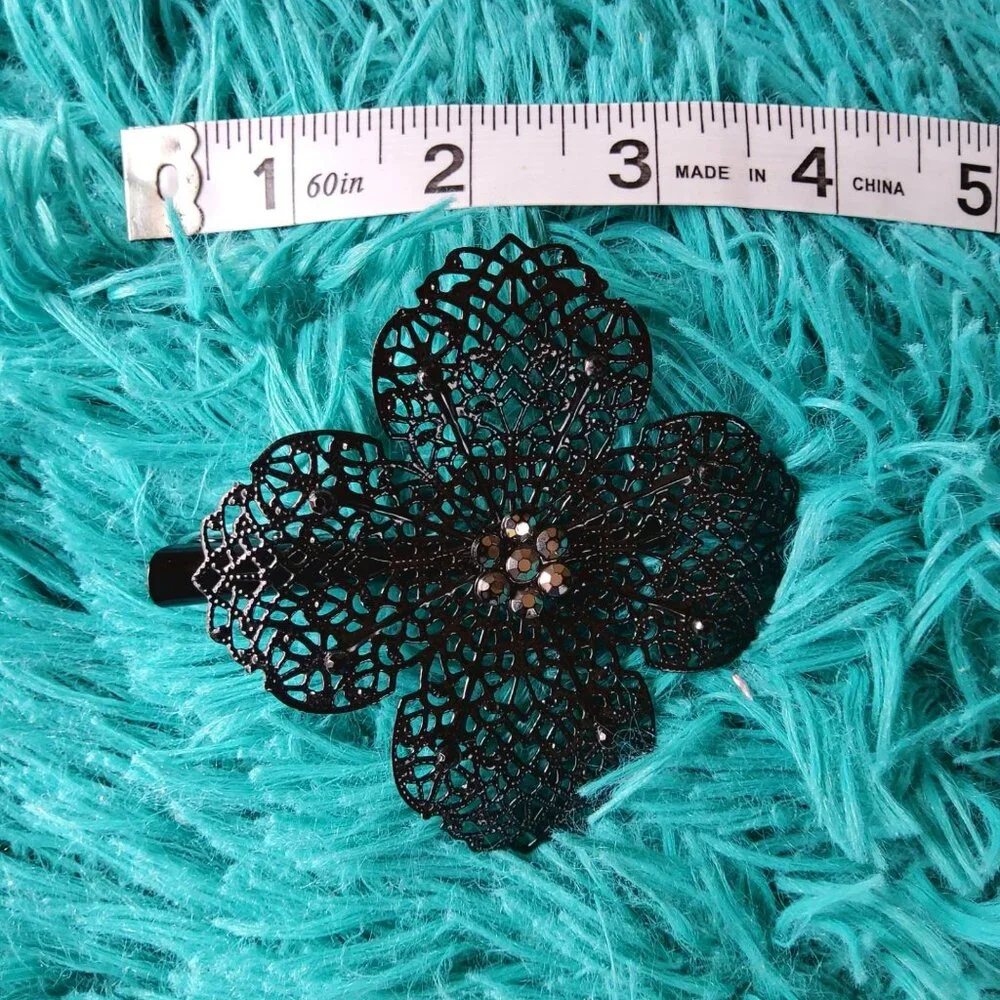 Vintage Black Metal Filigree Flower Hair Clip  Goth Gothic Lace Floral Barrette